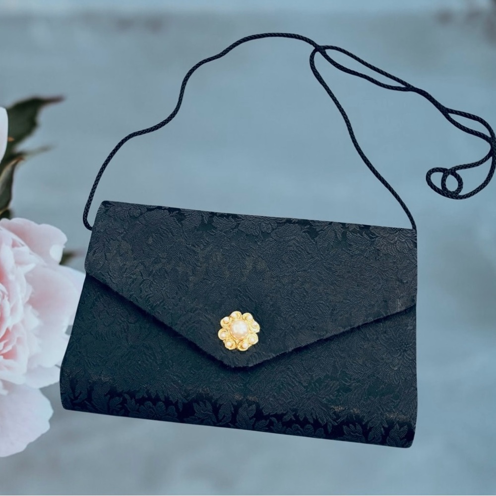 Bechamel Black envelope Clutch Shoulder Bag with Gold Accent. Formal Event Purse